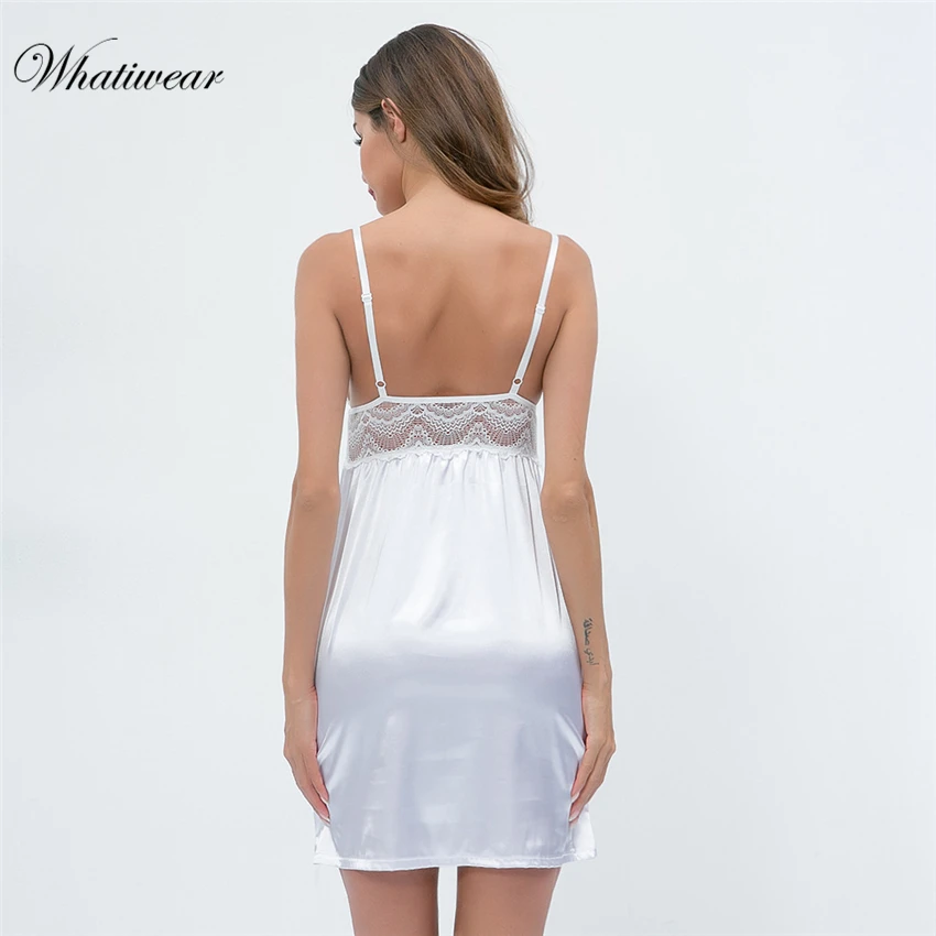 

Whatiwear Deep V Neck Lace Sleveless Nightgowns Mini Dress Women Sexy Lingerie Camisole Slim Lounge Sleepshirts Tenis Feminino