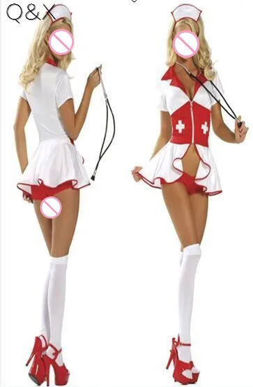 

YQ42 2016 New Sexy Nurse Costumes Nightgown White Halloween Costume Cosplay Uniform Hot Sexy Wetlook V Neck Zipper Fancy Dress