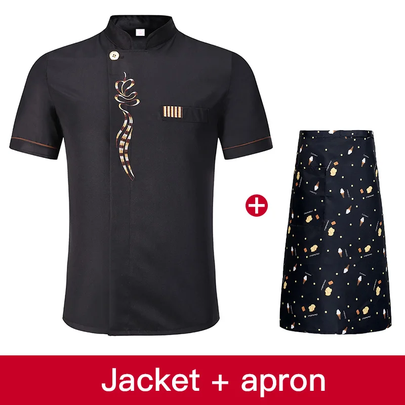 Высококачественная Униформа шеф-повара с коротким рукавом для ресторана, отеля, кухни, шеф-повара, одежда унисекс, дышащая Черная куртка+ фартук, набор для приготовления пищи - Color: jacket apron