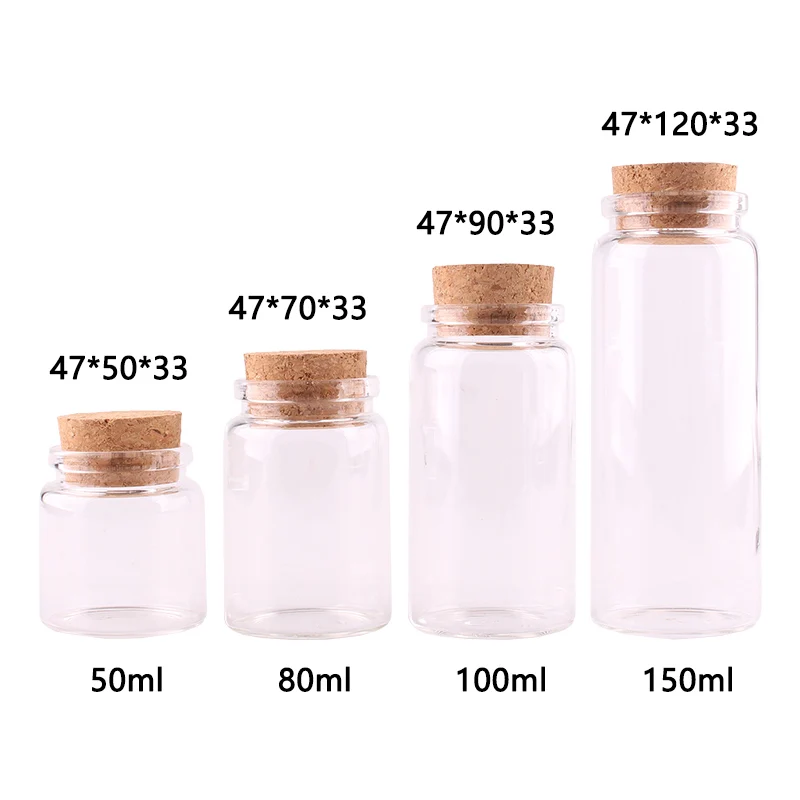 

12pcs Dia 47mm 50ml/80ml/100ml/150ml Transparent Glass Spice Bottles Jars Terrarium with Cork Stopper Wedding Favor Bottle Craft