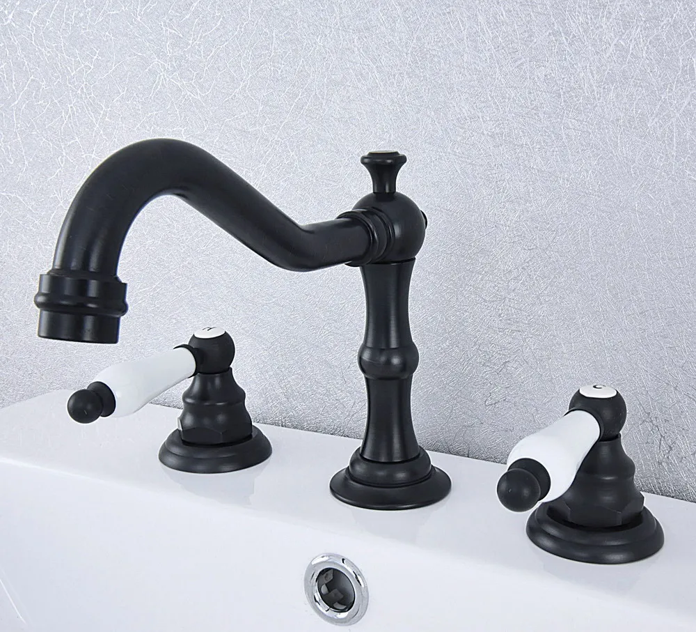 

Black Oil Rubbed Brass Deck Mounted Dual Ceramic Levers Widespread Bathroom 3 Holes Basin Sink Faucet Mixer Taps msf542