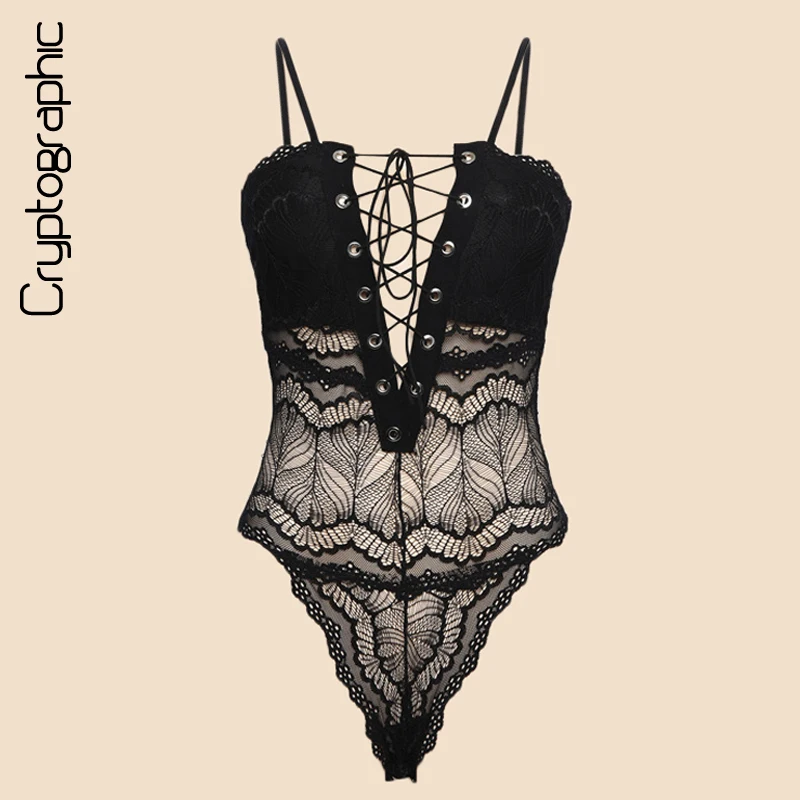 

Cryptographic hot sale transparent lace up bodysuit women deep V sleeveless sexy jumpsuit romper 2020 summer strap catsuit body