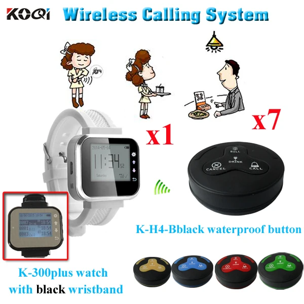 

Wireless Waiter Buzzer Call System 1pcs Wrist Watch Receiver Work With 7pcs Waterproof Bell 433.92mhz With CE