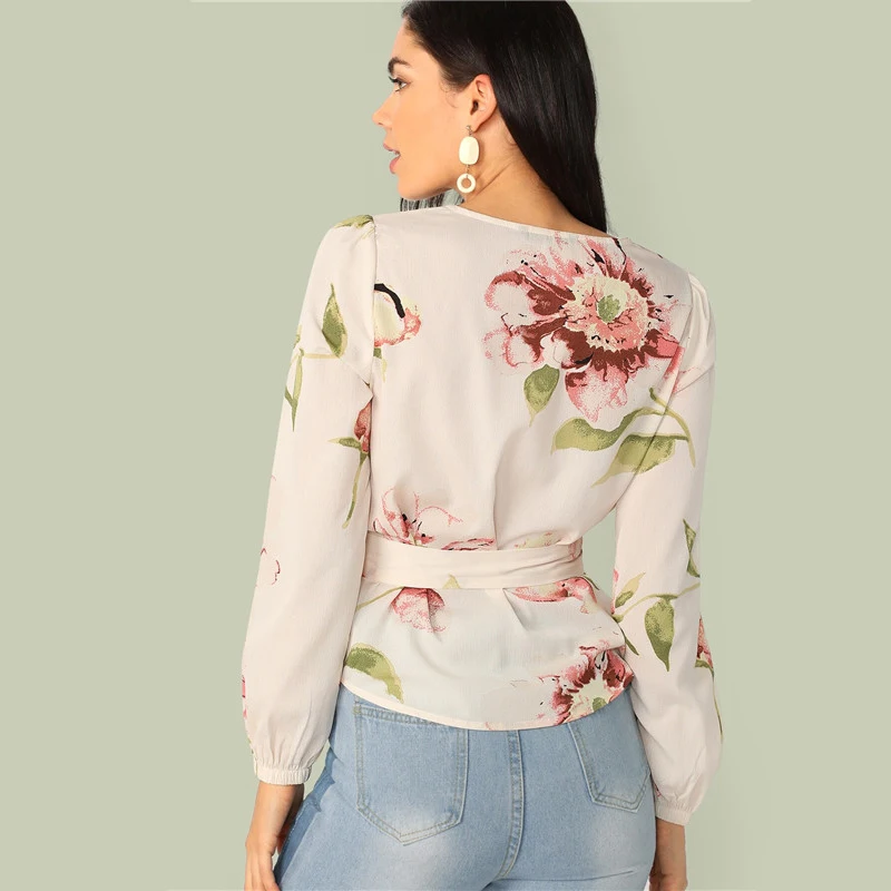 SHEIN блуза с цветочным принтом и поясом, женская одежда, весна-лето, элегантная блуза с круглым вырезом и длинным рукавом, женские топы