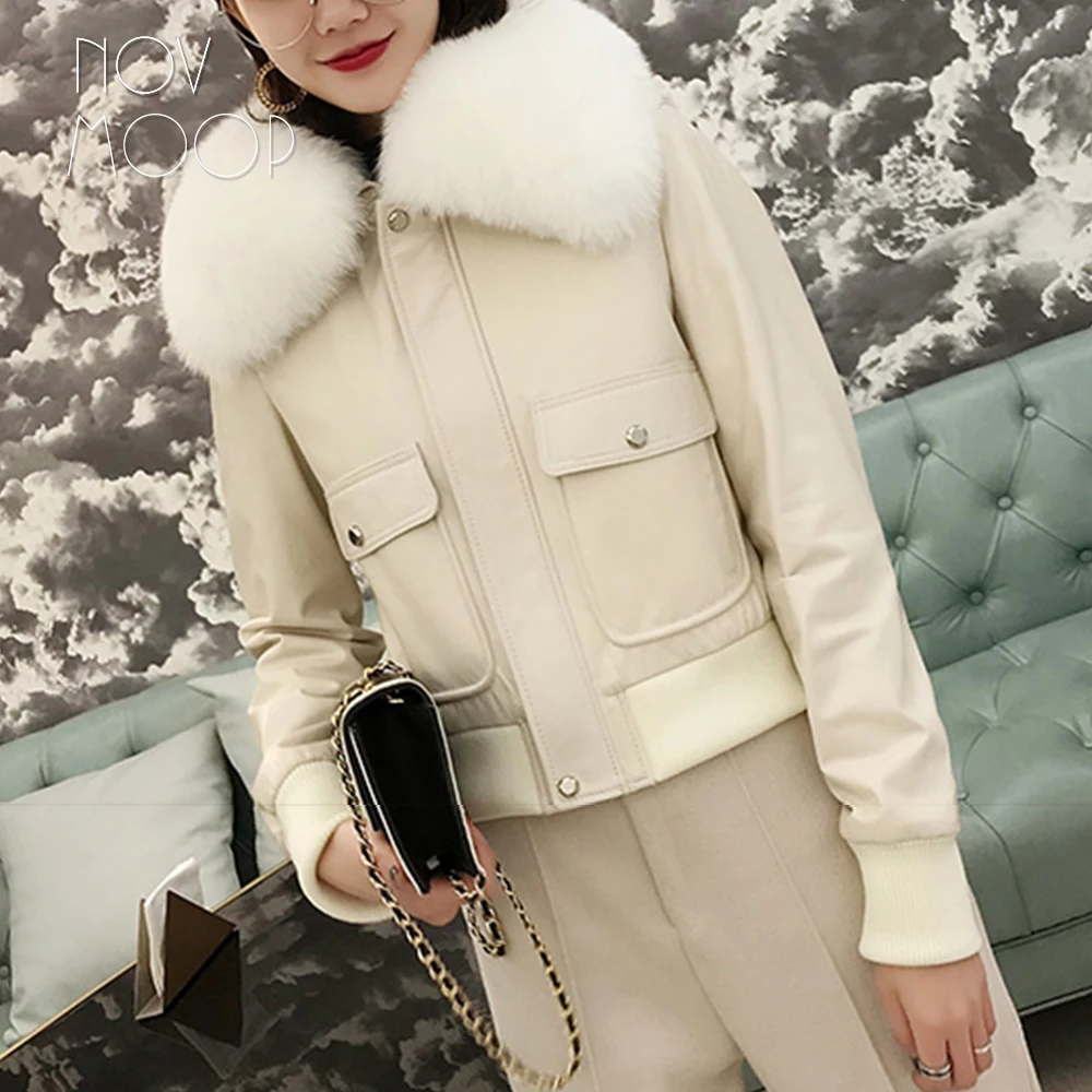 Зимние женские пальто из натуральной овечьей шкуры с воротником лисьего меха