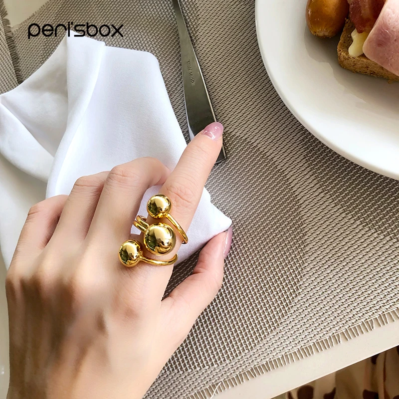 Женское кольцо с тройным шариком Peri'sBox большое золотистое/серебристое