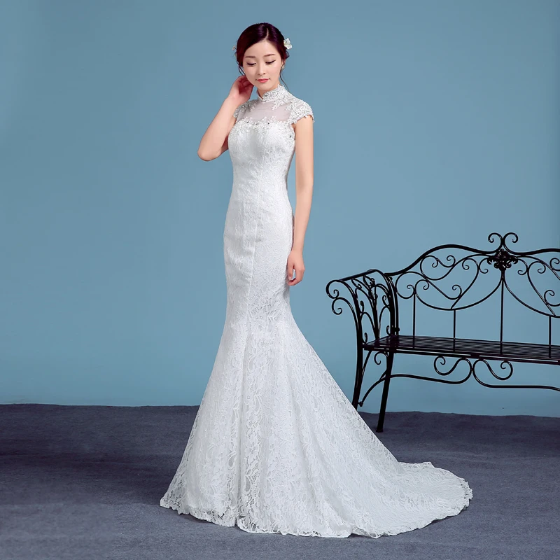 Женское кружевное свадебное платье с юбкой годе винтажное открытыми плечами