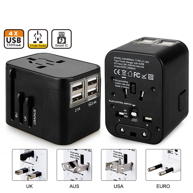 Универсальный дорожный адаптер преобразователь электрических вилок с 4 USB