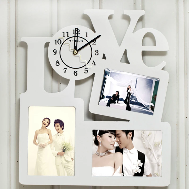 Современные деревянные часы с фоторамкой и 3 фоторамками для гостиной