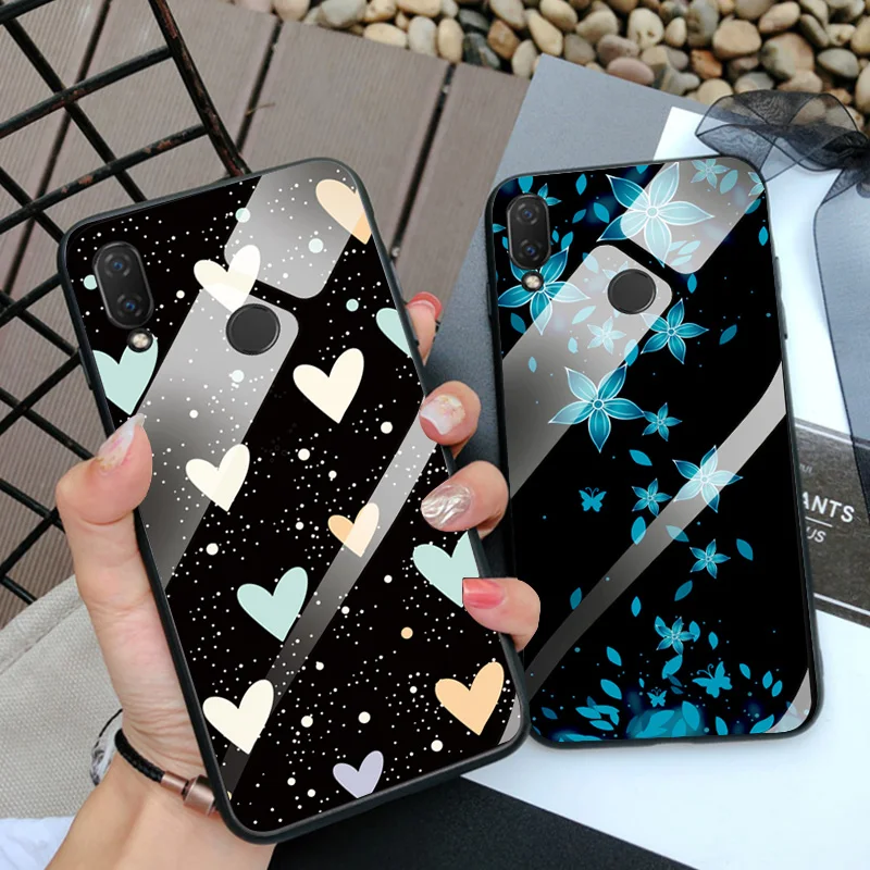 Чехол из закаленного стекла для huawei Nova 3e Flowers чехол 4e мягкая задняя крышка чехлы