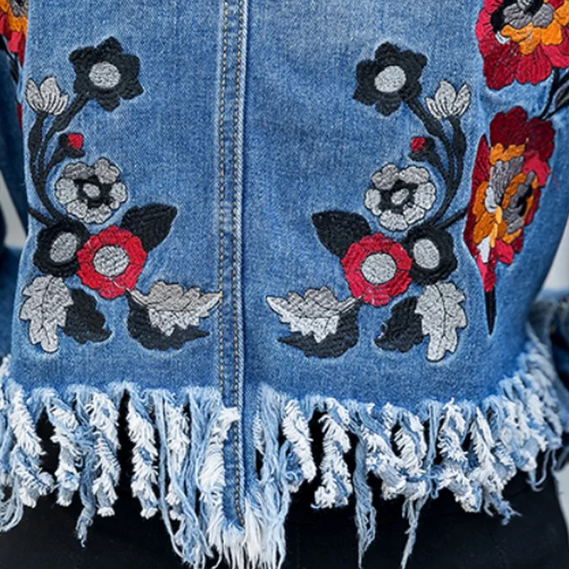 PLAMTEE Emroidery короткие джинсовые женские куртки цветочный с длинным рукавом джинсы