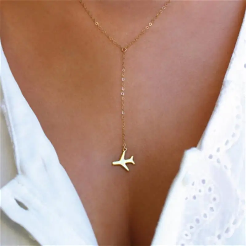 Cute Pattern Small Aircraft Necklace For Women Fine Long Metal Chain Hanging Pendant Gifts Female Jewelry Decorations | Украшения и
