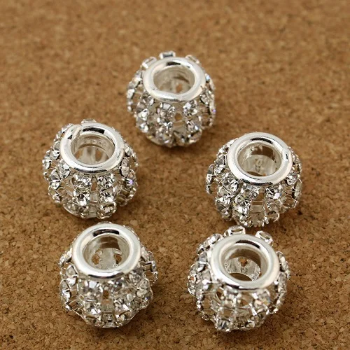 

50PCS/lot White 13x14mm Round Ball Silver Plated with Rhinestone Beads fit Fashion Jewelry
