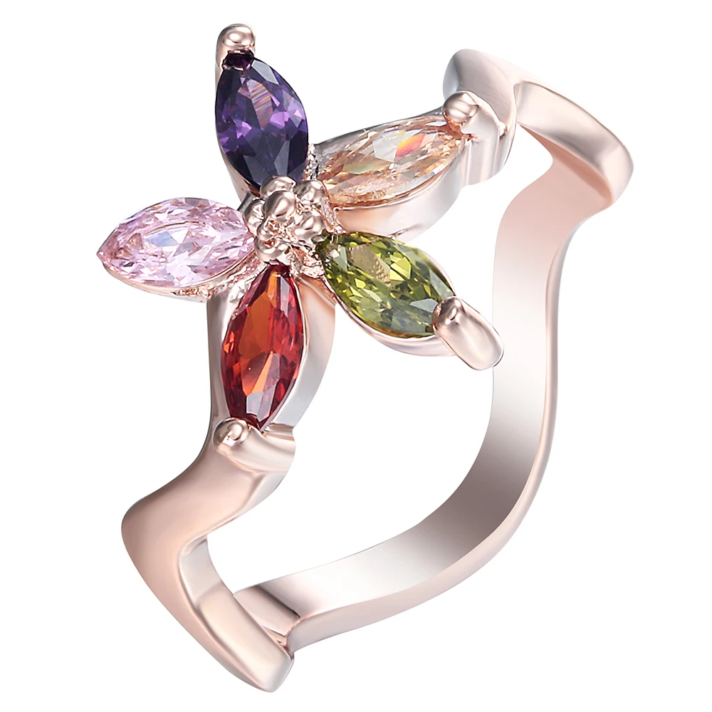 2017 розовое золото цвет элегантные волнистые красочные кольца новый цветок cz