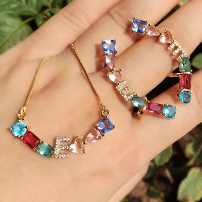 gold plated set Многоцветные Прозрачные Серьги с буквой золотистого цвета ожерелья Ювелирные наборы для женщин cz ушные манжеты Свадебный комплект для невесты - Окраска металла: gold plated set