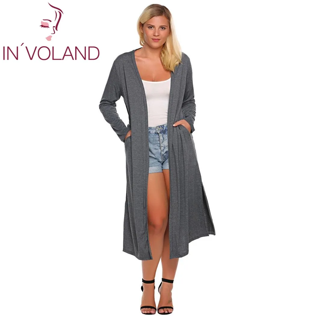 Женский длинный кардиган IN'VOLAND Однотонный свитер с длинным рукавом и карманами