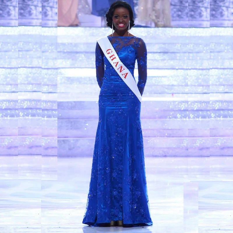 2016 Королевский Синий Аппликация С Длинным Рукавом Русалка Длинное Вечернее