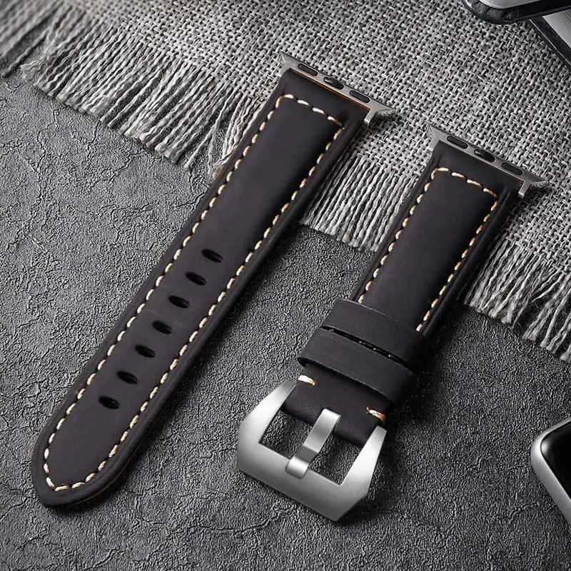 Silver-Black STJ ремешок для часов из воловьей кожи ручной работы для Apple Watch 42 мм 38 мм и Apple Watch Series 4 3 2 1 ремешок для iWatch 44 мм 40 мм браслет - Цвет ремешка: Silver-Black