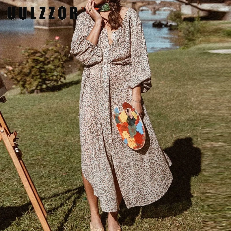 UULZZOR Summer women dress 2019 Leopard print long seleeves O-neck dresses Bohemian beach female casual High cut | Женская одежда