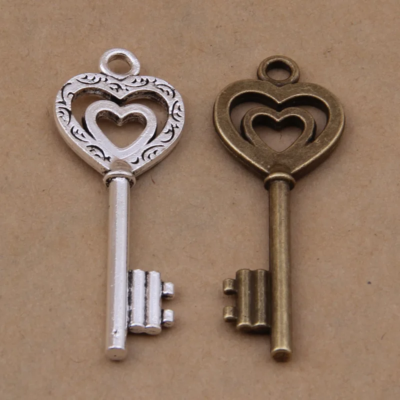 

50pcs Antique Bronze Zinc Alloy Heart Shape Key Charms Pendants Diy Jewelry Accessories 52*19mm