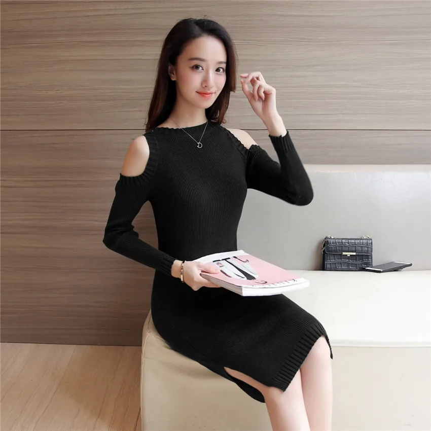 Платье-Свитер женское трикотажное с разрезом Осень-зима | Женская одежда