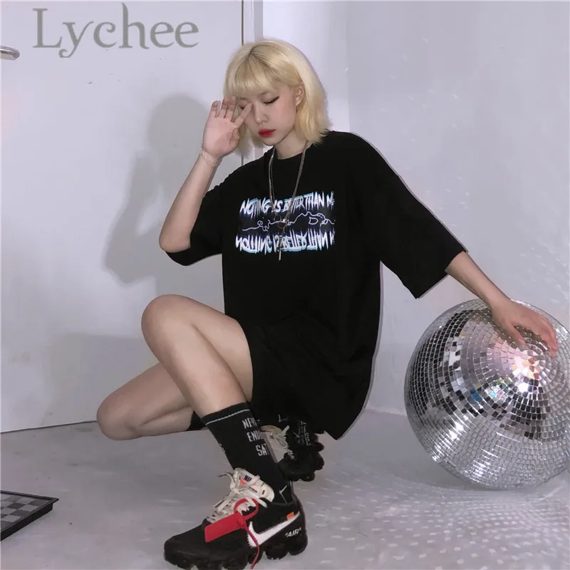 Lychee, уличная одежда, темные молнии, с буквенным принтом, женские футболки, свободные, круглый вырез, короткий рукав, черные, весна-лето, женские футболки