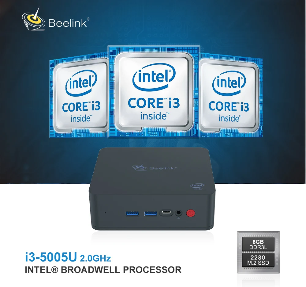 Beelink U55 Мини ПК Intel Core I3-5005U Intel HD graphics 5500 2,4G+ 5,8G WiFi 1000 Мбит/с USB3.0 BT4.0 телеприставка