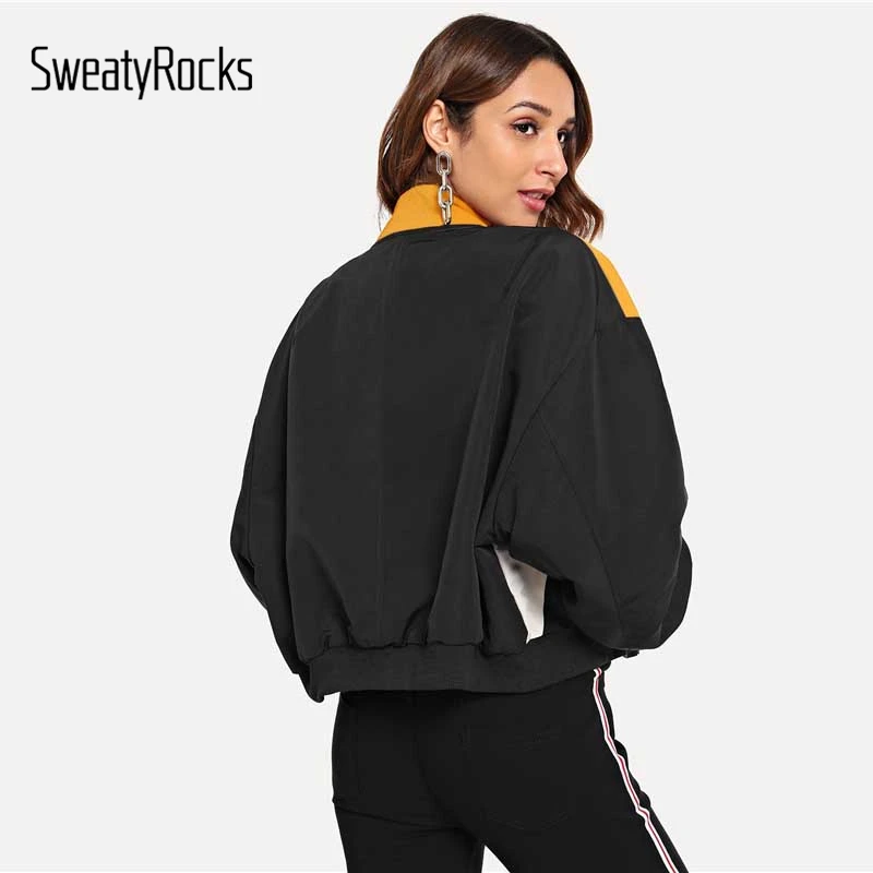 SweatyRocks куртка на молнии с буквенным принтом, пальто с длинным рукавом и стоячим воротником, цветные женские короткие топы, Осенние Стильные повседневные куртки