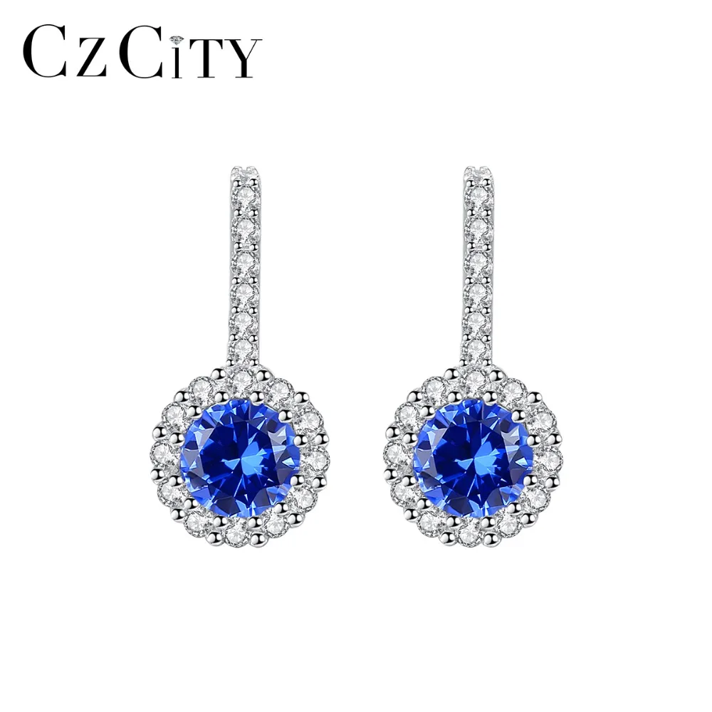 CZCITY 100% 925 стерлингового серебра круглое сапфировое блестящие серьги со шпилькой