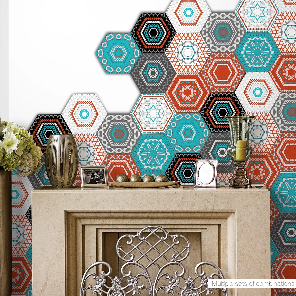 

10PCS Retro Style PVC Floor Stickers Waterproof Non-Slip Wall Stickers Bedroom Honeycomb Hexagon Embroidery Pattern Tile Sticker