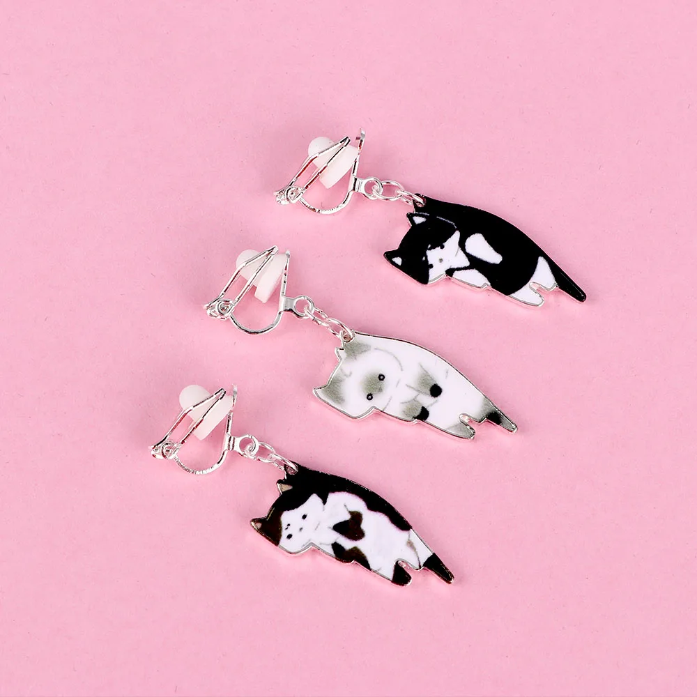 1 pair Japanese style Fashion Cute Cat Earrings White Black Hang Enamel Piercing Ear Clip women girls Stud | Украшения и