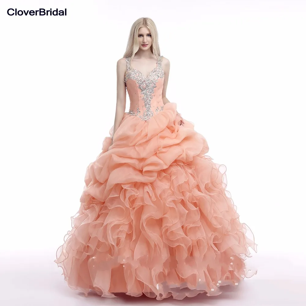 Дешевые Новые Коралловые платья quinceanera 2015 с оборками из организы в наличии