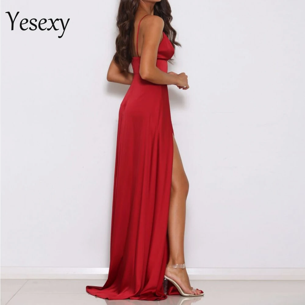 Yesexy 2020 Women Sexy New Clubwear Evening High Split Dresses Female Red Color Christmas Party Elegant Maxi Dress VR8191 | Женская