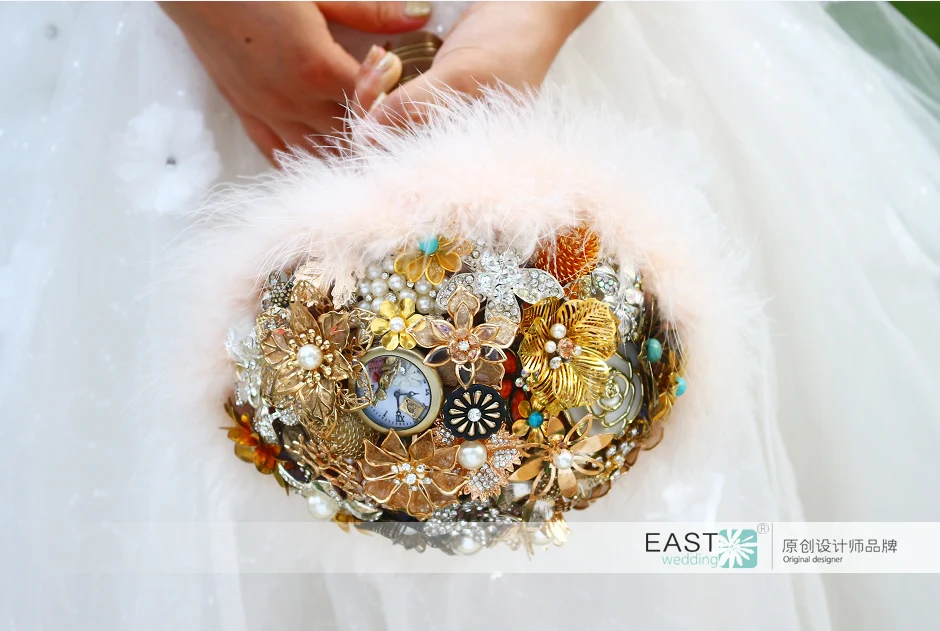 Brown &amp Gold Vintage Bridal brooch bouquet Feathers decorated wedding bouquets Bride | Свадьбы и торжества