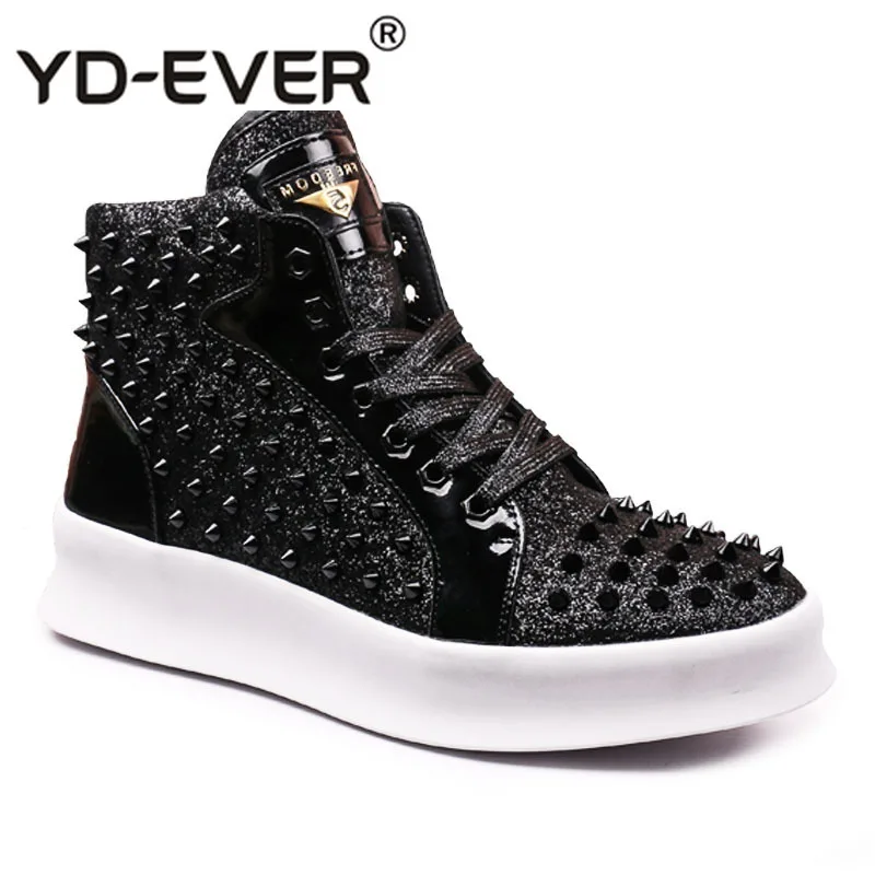 Elevator Rivet Stud Lace Up Skate Black Glitter Shoes Trainers Hip Hop Creepers Platform High Top Dandelion Sneakers Spike Men | Обувь