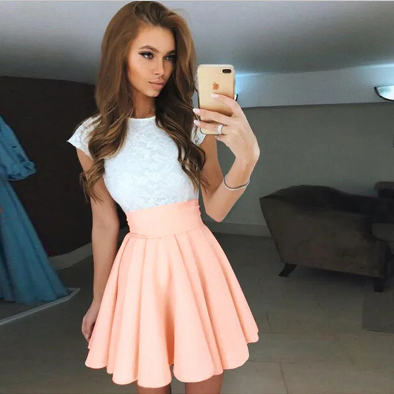 Для женщин летнее платье кружевное пляжное 2018 милые flare пояс с коротким рукавом