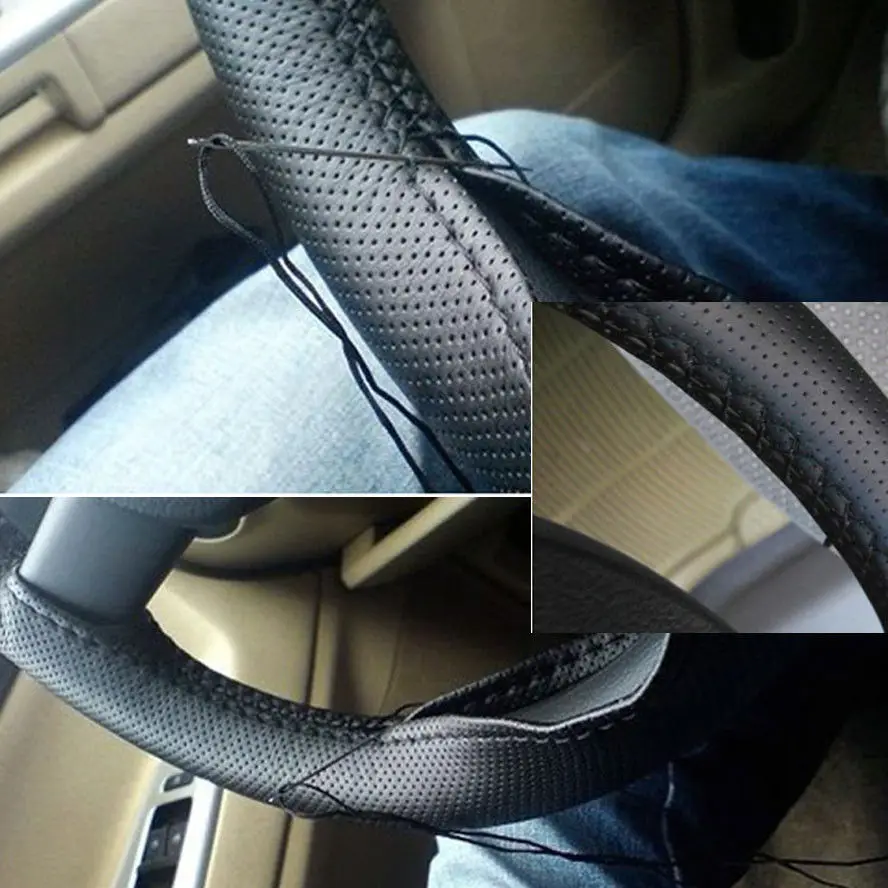 BBQ@FUKA Black Artificial Leather Sweat Needle Thread Steering wheel covers Styling Fit for Universal Toyota A4 Mazda M5 VW ect |