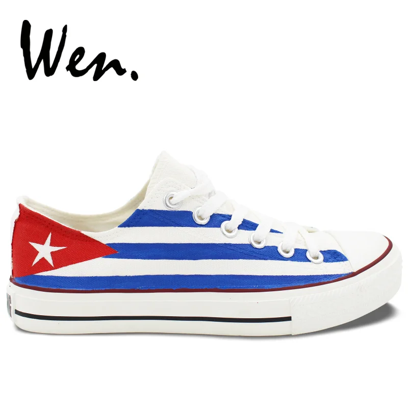 

Wen Design Custom Hand Painted Shoes Cuba Flag Low Top Men Women's White Canvas Sneakers Platform Plimsolls Flat Lace up