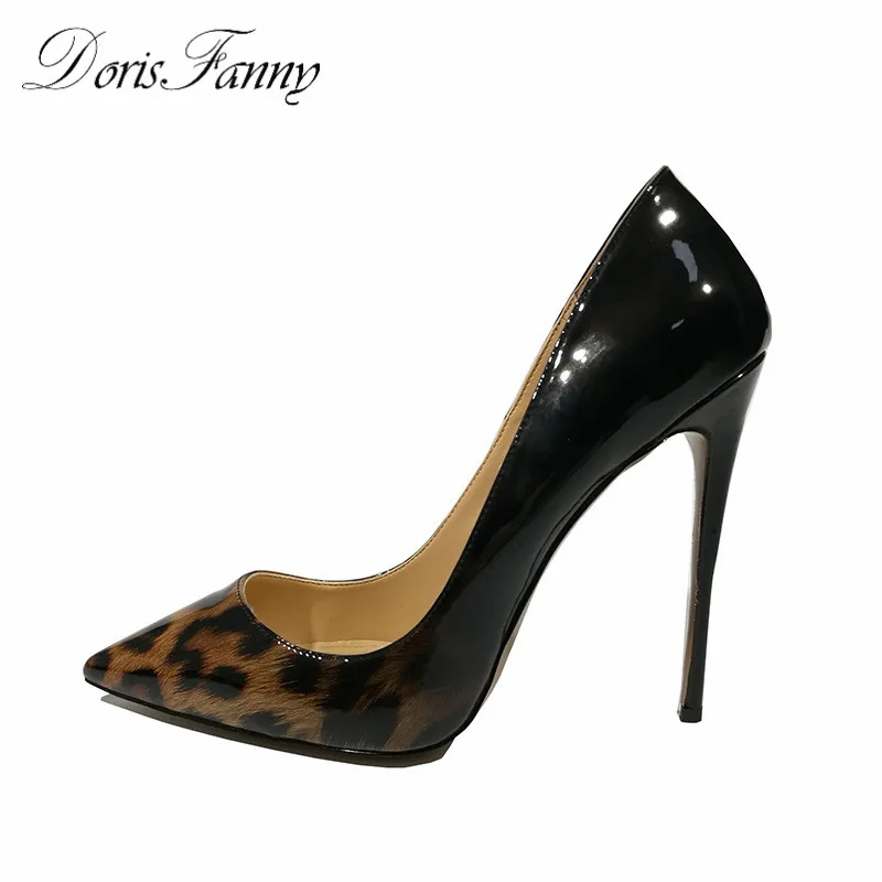 

DorisFanny Black Leopard Women Stiletto Shoes 12cm high heels pumps evening party wedding shoes size 34/45
