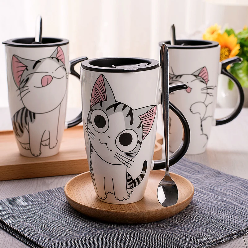 600 мл Симпатичные Cat Стиль Керамические Кружки с Крышкой и Ложкой Мультфильм
