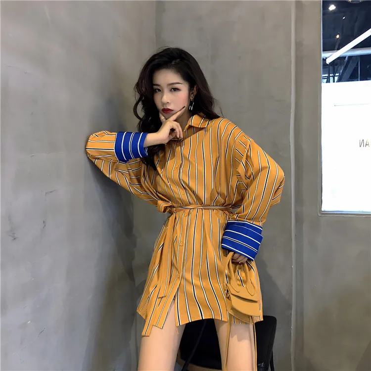 WHITNEY WANG 2018 осеннее модное уличное цветное контрастное Полосатое платье рубашка