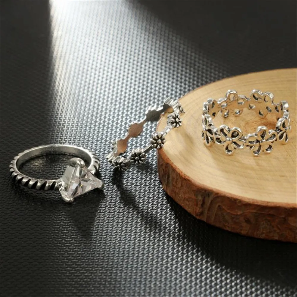 New Retro Creative Letter Joint Ring Alloy Ancient Silver Plum Blossom 6 Piece Set Unisex Fashion Rings | Украшения и аксессуары