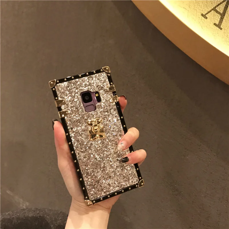 Silver YHBBCASES, Модный Золотой квадратный чехол с заклепками для samsung Galaxy S10 S8 S9 Plus, Роскошные блестящие порошки, чехлы для samsung Note 10 8 9 - Цвет: Silver