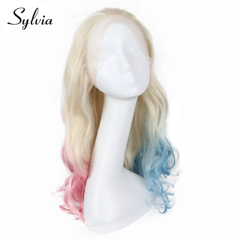 Sylvia Platinum Blonde Ombre Half pink/Half blue Body Wave Synthetic Lace Front Wigs Natural Cosplay Heat Resistant Fiber Hair