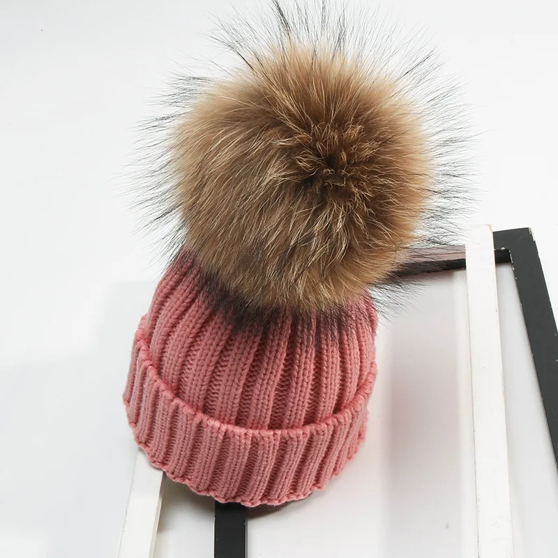 DANKEYISI зимняя детская шапка Skullies Beanies для мальчиков и девочек, меховая шапка с помпонами из натурального енота, Детские Вязанные Трикотажные Шапочки - Цвет: deep pink