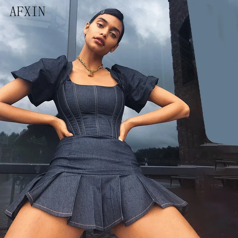 Винтажное черное джинсовое платье для женщин летнее Плиссированное Короткое