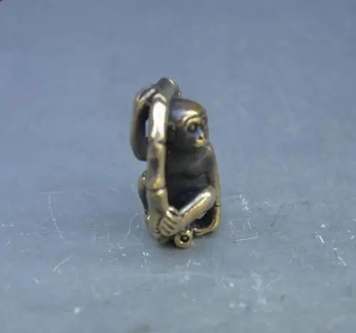 Китайская старая Античная Чистая латунь бамбуковая маленькая статуя обезьяны |