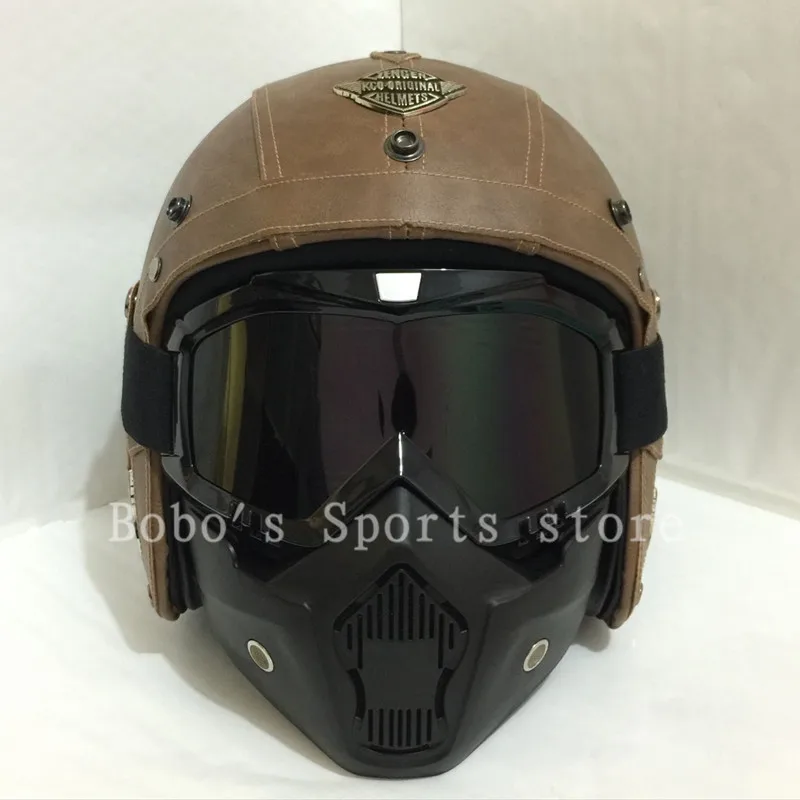 Vintage leather motorcycle helmet Retro Scooter Men/women's 3/4 Moto casco Goggles Mask for open face | Автомобили и