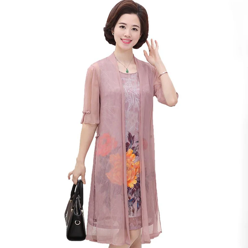 

2018 New Spring summer dress fashion Middle Aged Women False Two Piece print Dress Casual Mother Clothing Dresses Plus Size 5XL