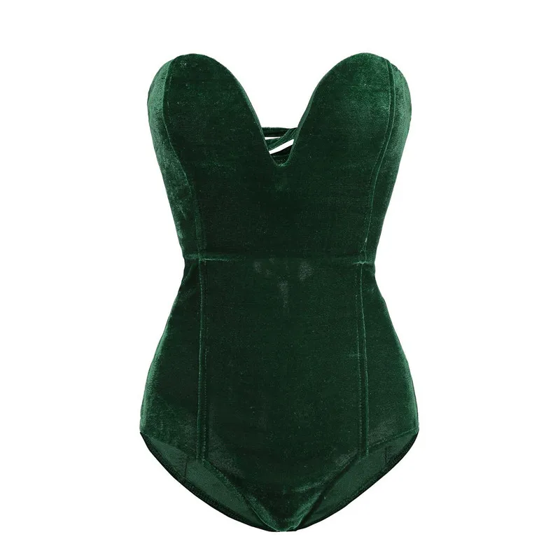 Green bodysuit Повседневное женское бархатное боди без рукавов без бретелек, без спинки, v-образный вырез, Облегающий комбинезон, модные топы, одежда для женщин, костюм - Цвет: Green bodysuit